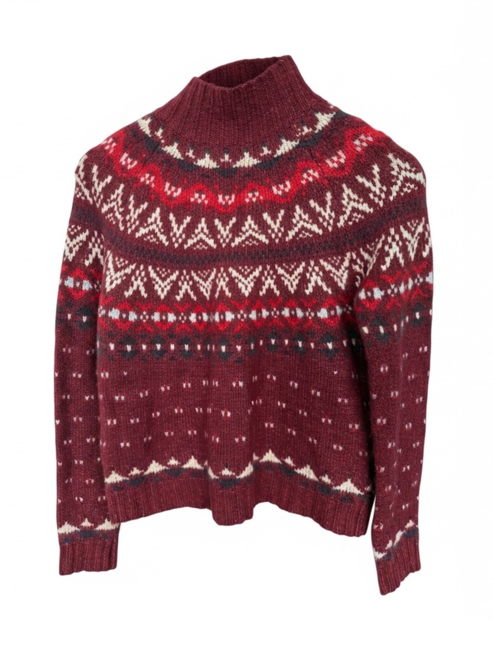American Eagle Fair Isle Sweater Women’s Burgundy Nordic Mock Neck Cozy Knit
